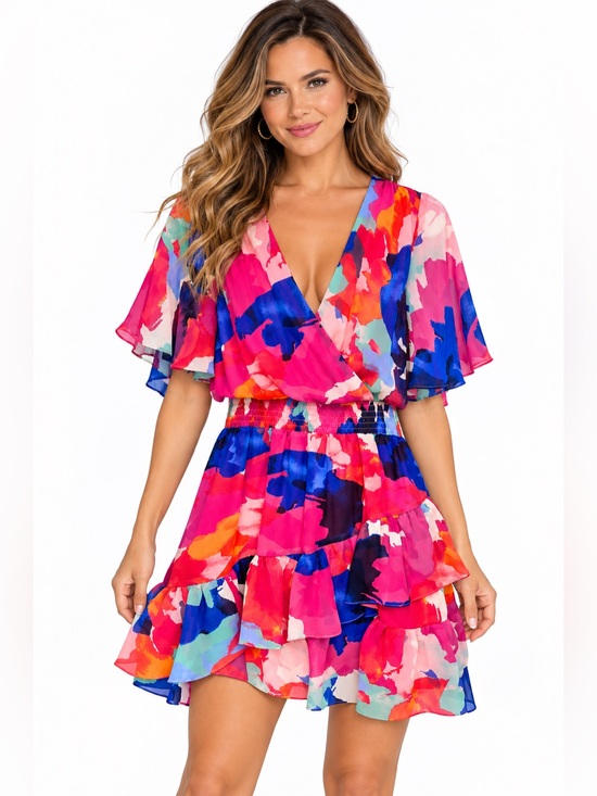 Laundry By Shelli Segal Dresses & Skirts - Laundry by Shelli Segal Colorful Watercolor Ruffle Mini Dress Size 0